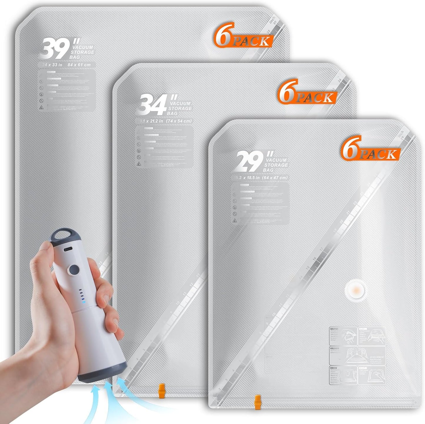 Vacbird Vacuum Storage Bags Set - 18 Pack with Rechargeable Wireless Pump | Large, Medium & Small for Clothing, Travel & Home