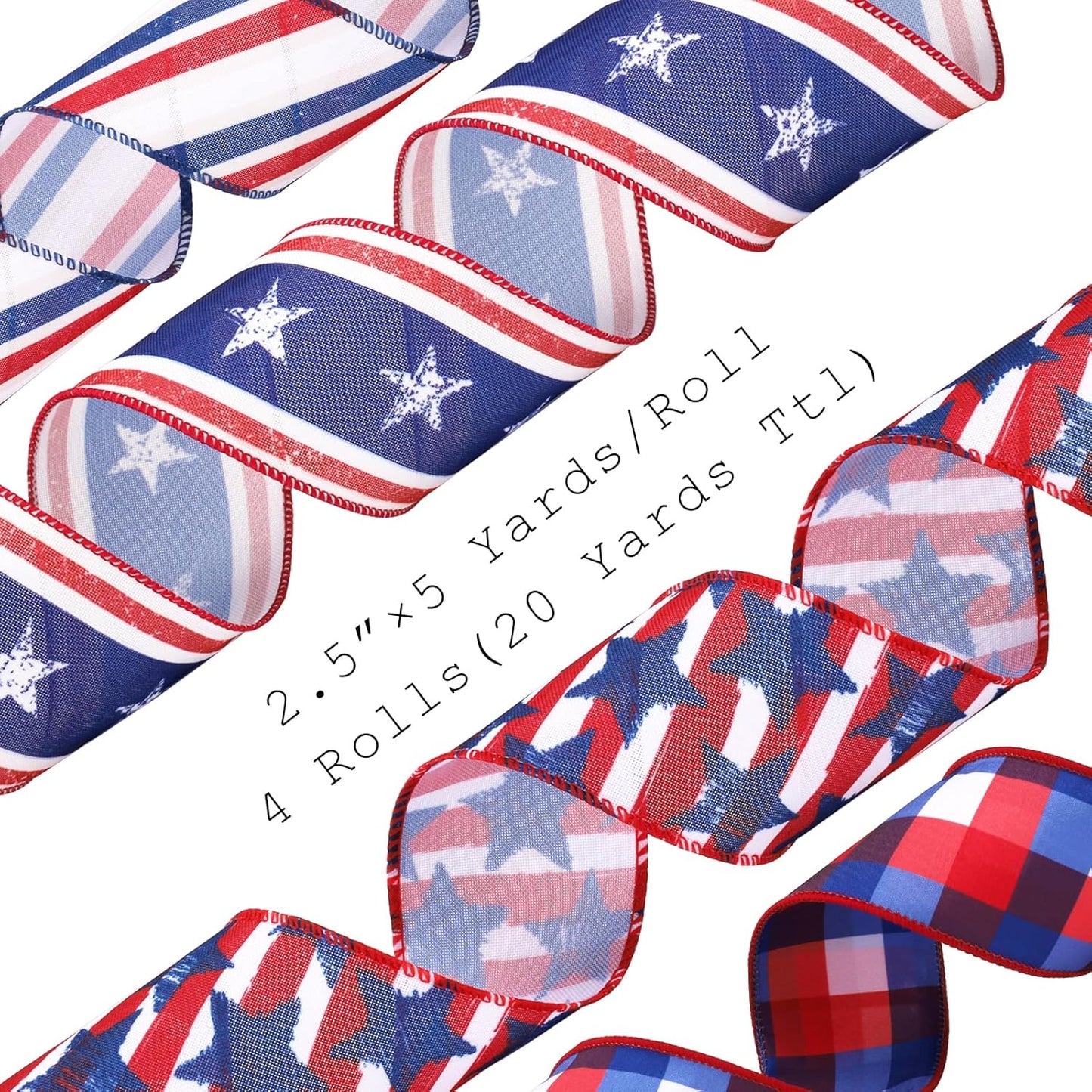 LaRibbons Patriotic Ribbon - Wired 2.5 Inch x 20 Yards | Red, White & Blue Star, Stripe & Plaid for 4th of July Decor