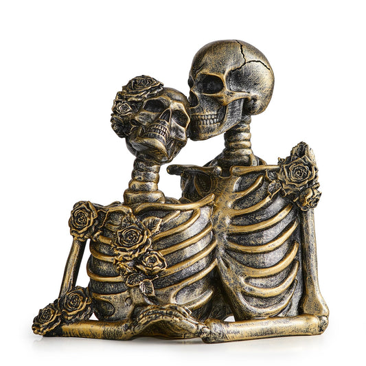 Octays Skeleton Couple Sculpture Decor：Gold Skull Figurines Halloween Decoration Vintage Resin Statue Home Decor for Shelf Table Mantel Collectible Wedding Gift