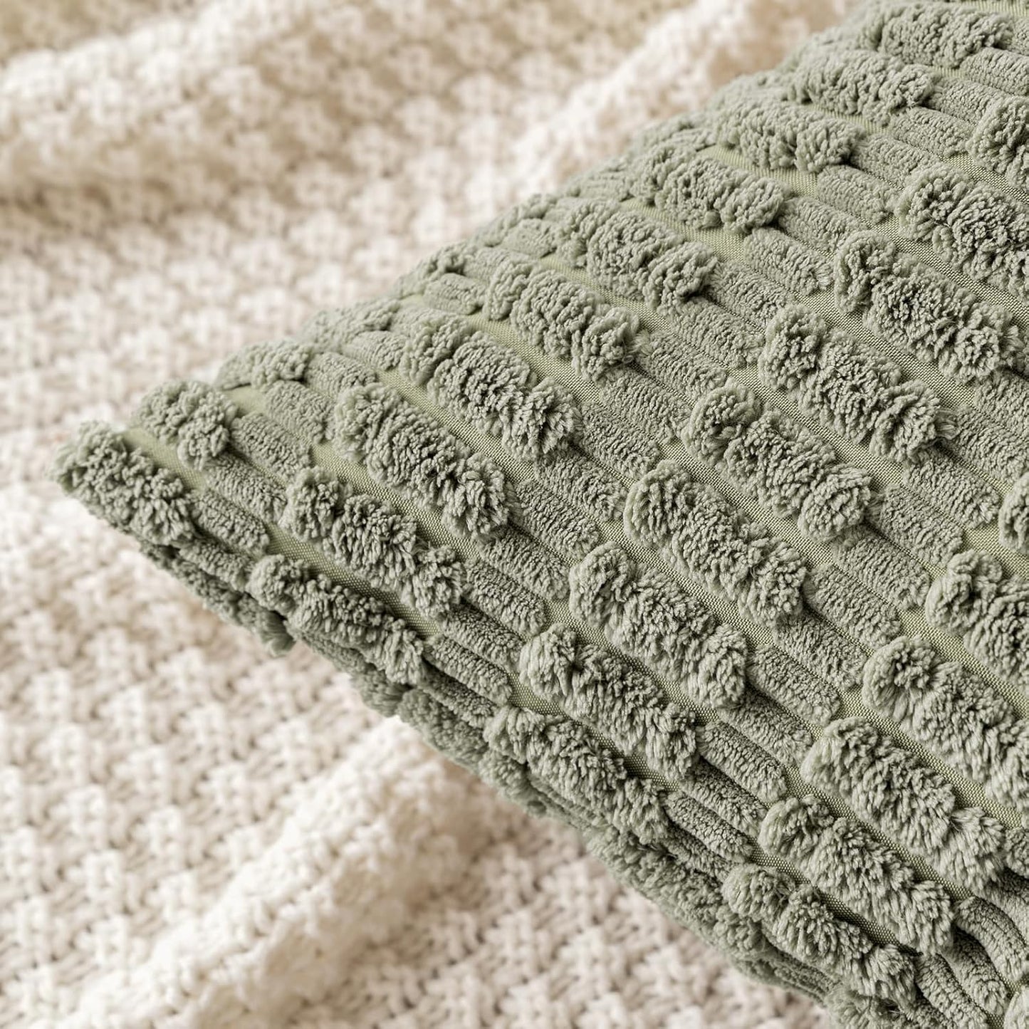 MIULEE Corduroy Throw Pillow Covers - Soft Boho Striped Design | 16x16 Inch Light Olive Green - Perfect for Modern Farmhouse Decor