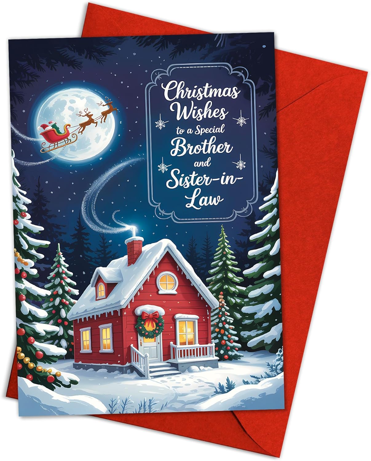 Regine Switzerland Christmas Card - Cozy Winter Cottage Design with Santa Sleigh | Festive Greeting for Brother & Sister-in-Law, 5.3''x8'' with Red Envelope
