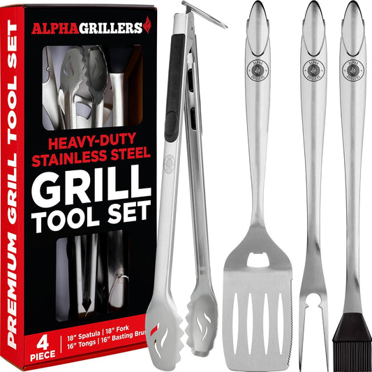 Alpha Grillers Grilling Accessories | BBQ Tool Set with Spatula, Fork, Brush & Tongs - Perfect Gifts for Men
