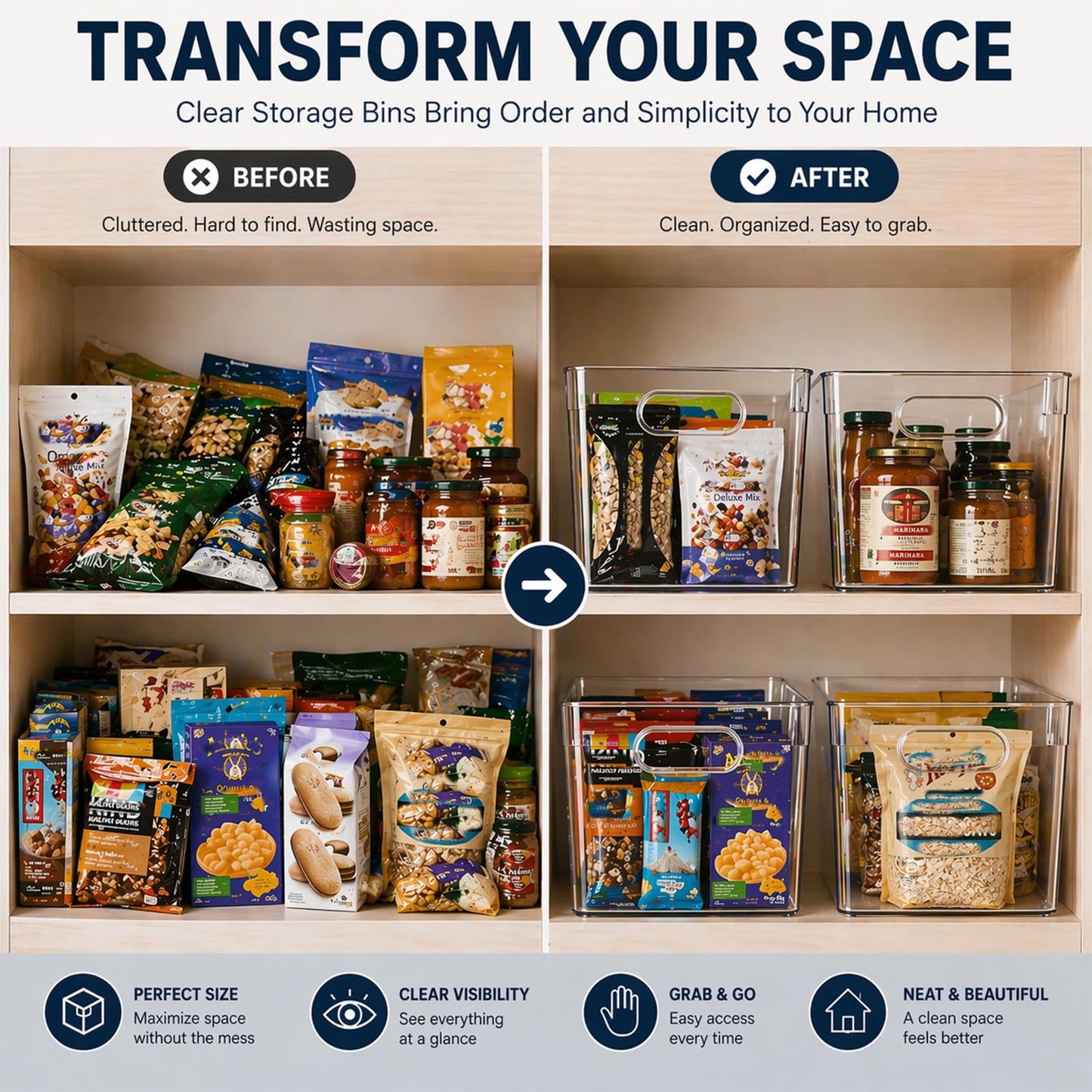 MOONEDGE Open Clear Plastic Storage Bins Stackable Organizer Containers with Handles for Kitchen, Pantry, Fridge, Cabinet, Closet Storage & Home Organization 6 Pack（11 x 8 x 6 in）