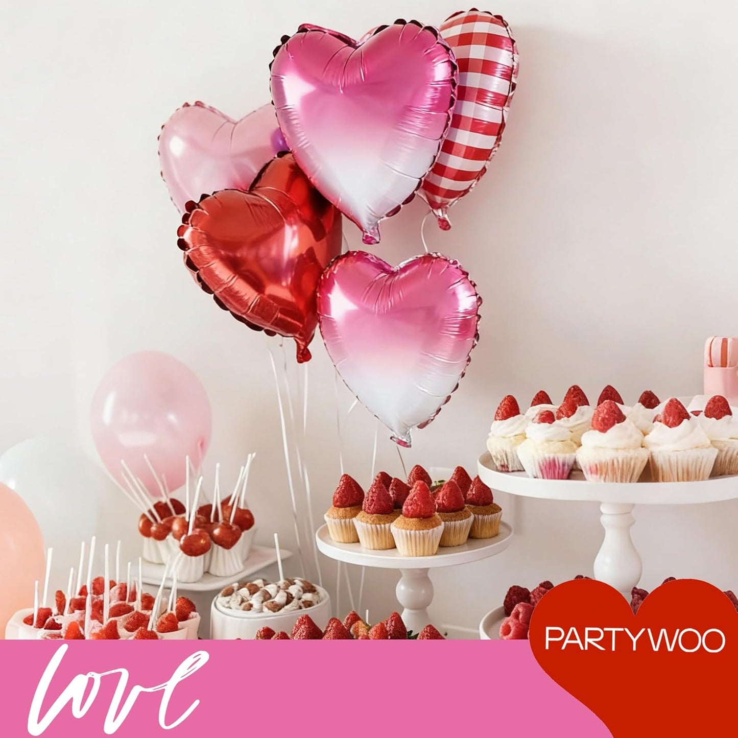 PartyWoo Pink Balloons - 127 Pcs in Various Sizes | Hot Checkered Marble Gradient Heart-Shaped for Valentine's Day & Weddings