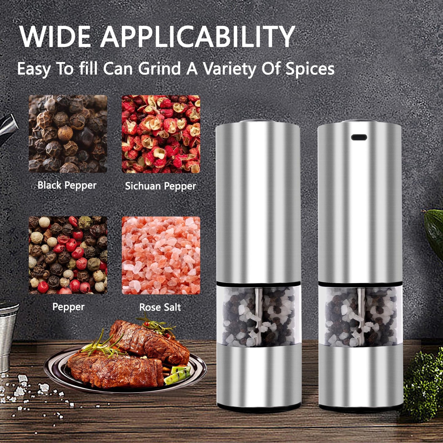 Electric Salt and Pepper Grinder Set, Automatic Battery Pepper Mill Shakers with Upgraded Larger Capacity,Stainless Steel Automatic Pepper Mill,Adjustable Ceramic Core, Dust Cover, 2 Pack