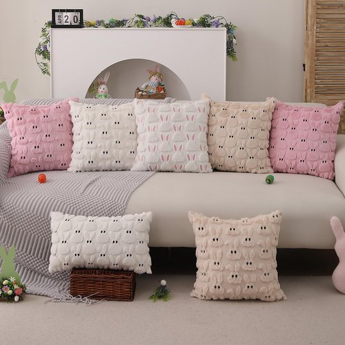 DFXSZ Easter Pillow Covers 18x18 inch Set of 2 Easter Decorations Pink Ears White Rabbit Soft Plush Faux Fur Jacquard Throw Pillows for Bedroom Sofa Holiday Festivals Home Decor FHJ-07D18