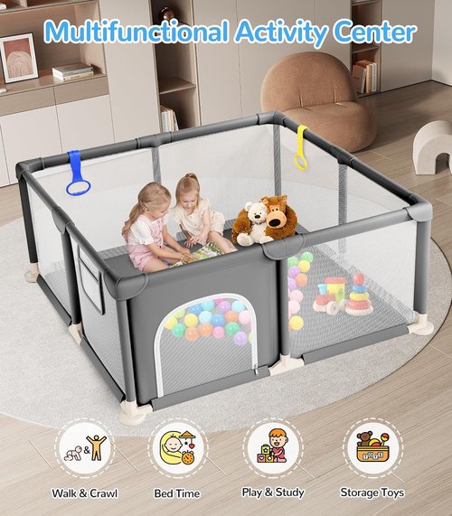Dripex Baby Playpen - 47"x47" Enhanced Safety Play Yard for Indoor & Outdoor Use | Soft Mesh, Anti-Fall Design, Grey