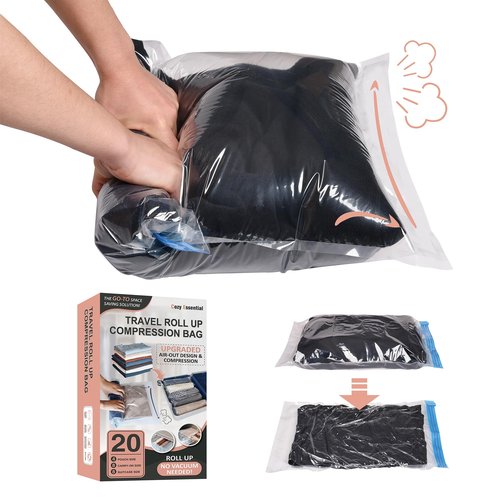 Cozy Essential Compression Bags for Travel - Travel Essentials - 20 Pack Space Saver Bags - No Vacuum Needed - Compression Packing Bags for Cruise Accessories