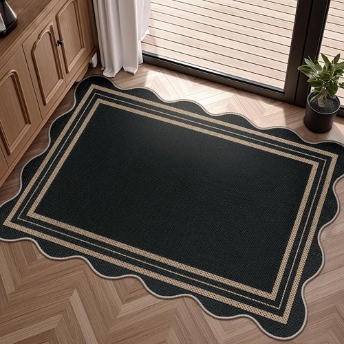 Easy Jute Black Kitchen Rug - Washable Non-Slip 2x3 Entryway Mat | Farmhouse Scalloped Doormat