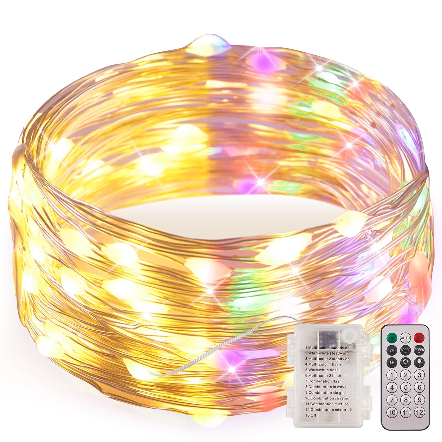 Ariceleo 1 Pack Warm White & Multi-Color Battery Operated String Lights, 5M/16.4ft. 50 LEDs Remote Control Timer 12 Modes Optional Twinkle Battery Powered Fairy Lights Sliver Wire Firefly Lights