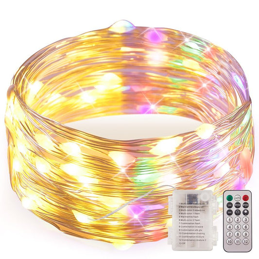 Ariceleo 1 Pack Warm White & Multi-Color Battery Operated String Lights, 5M/16.4ft. 50 LEDs Remote Control Timer 12 Modes Optional Twinkle Battery Powered Fairy Lights Sliver Wire Firefly Lights