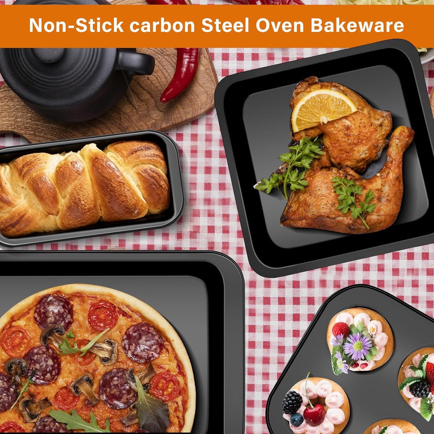 Skiennix 6-Piece Carbon Steel Bakeware Set - Nonstick Baking Pans in Black for Versatile Cooking & Baking