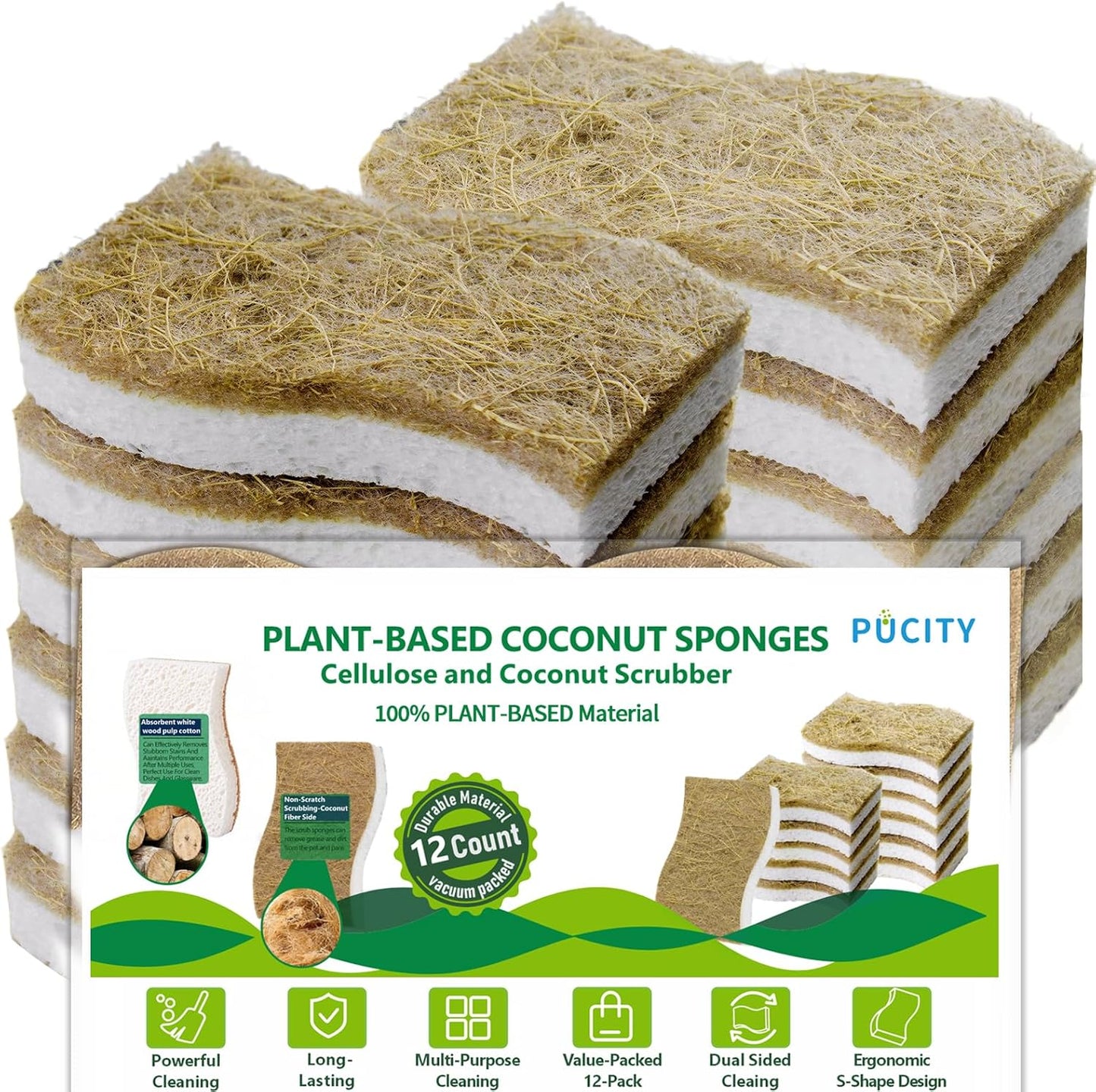 Skiennix Natural Dish Sponges - Plant-Based Biodegradable Cellulose with Coconut Scrubber | Eco-Friendly (Pack of 12)