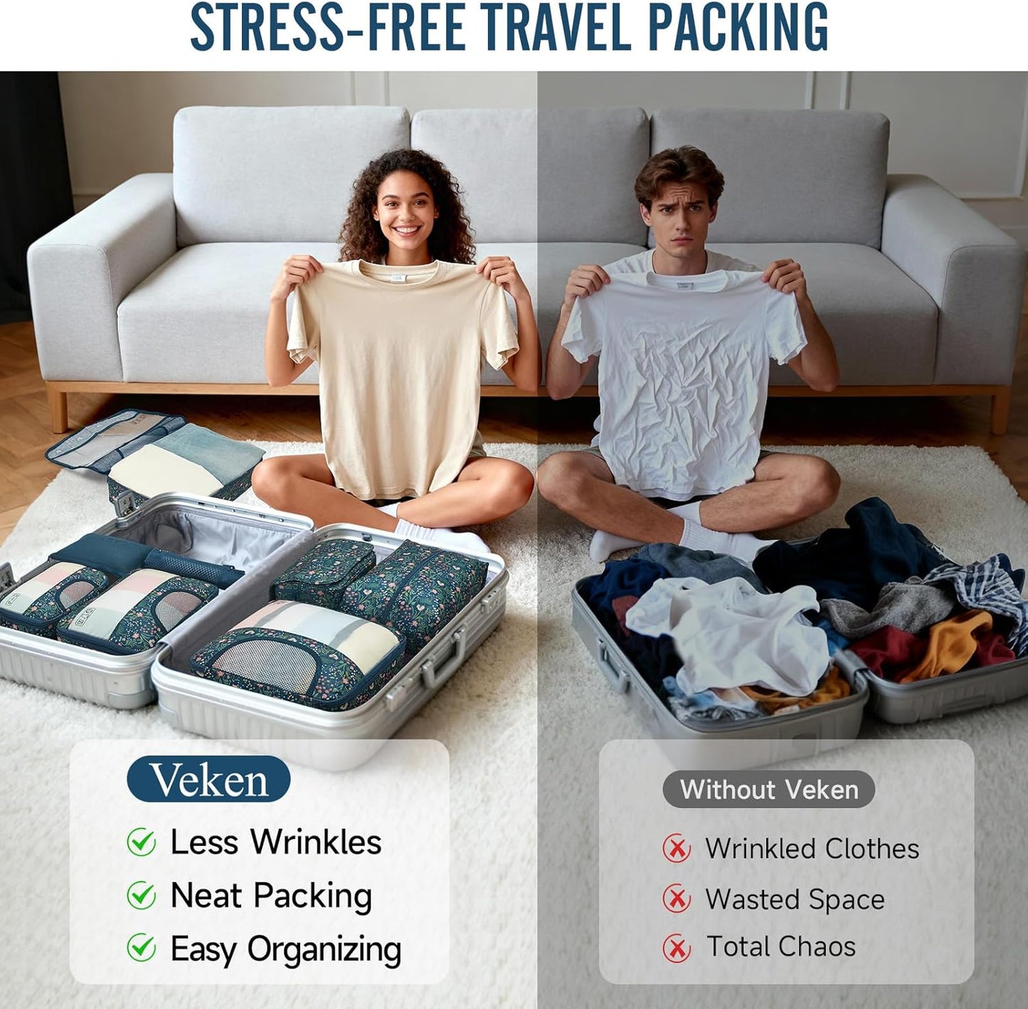 Veken Packing Cubes - 8-Piece Travel Organizer Set with Laundry Bag & Passport Holder | 4 Sizes for Luggage