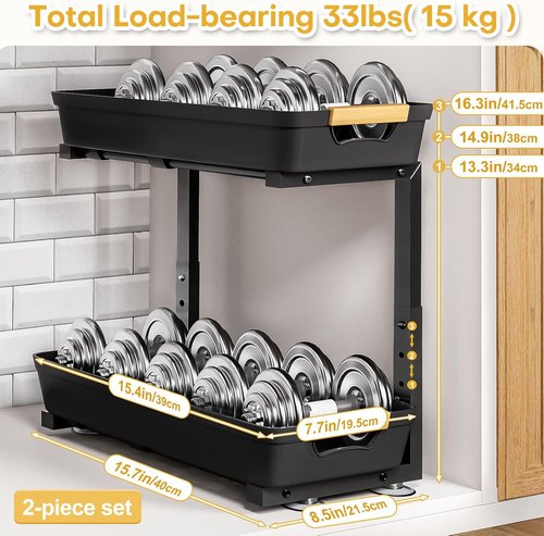 Homde Under Sink Organizer - 2-Tier Adjustable Pull-Out Drawer Set for Kitchen & Bathroom Storage