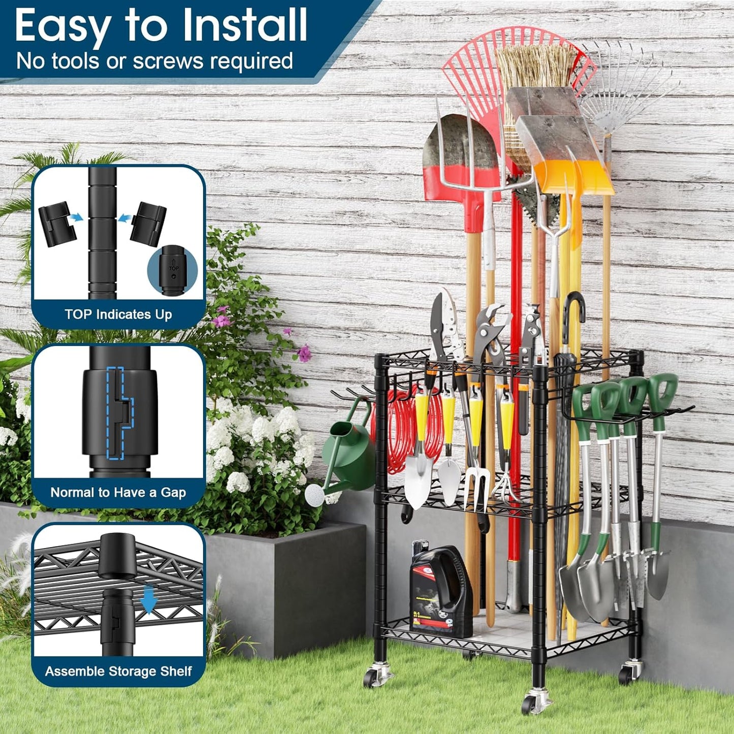 T1 Garden Tool Organizer - Heavy Duty Freestanding Storage with Lockable Wheels | Holds Up to 50 Tools, Black