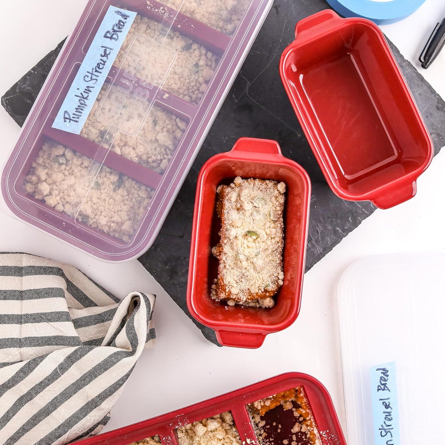 Souper Cubes Stoneware | Premium 5" x 3" Mini Baking Dishes with Silicone Covers - Set of 4, Cranberry