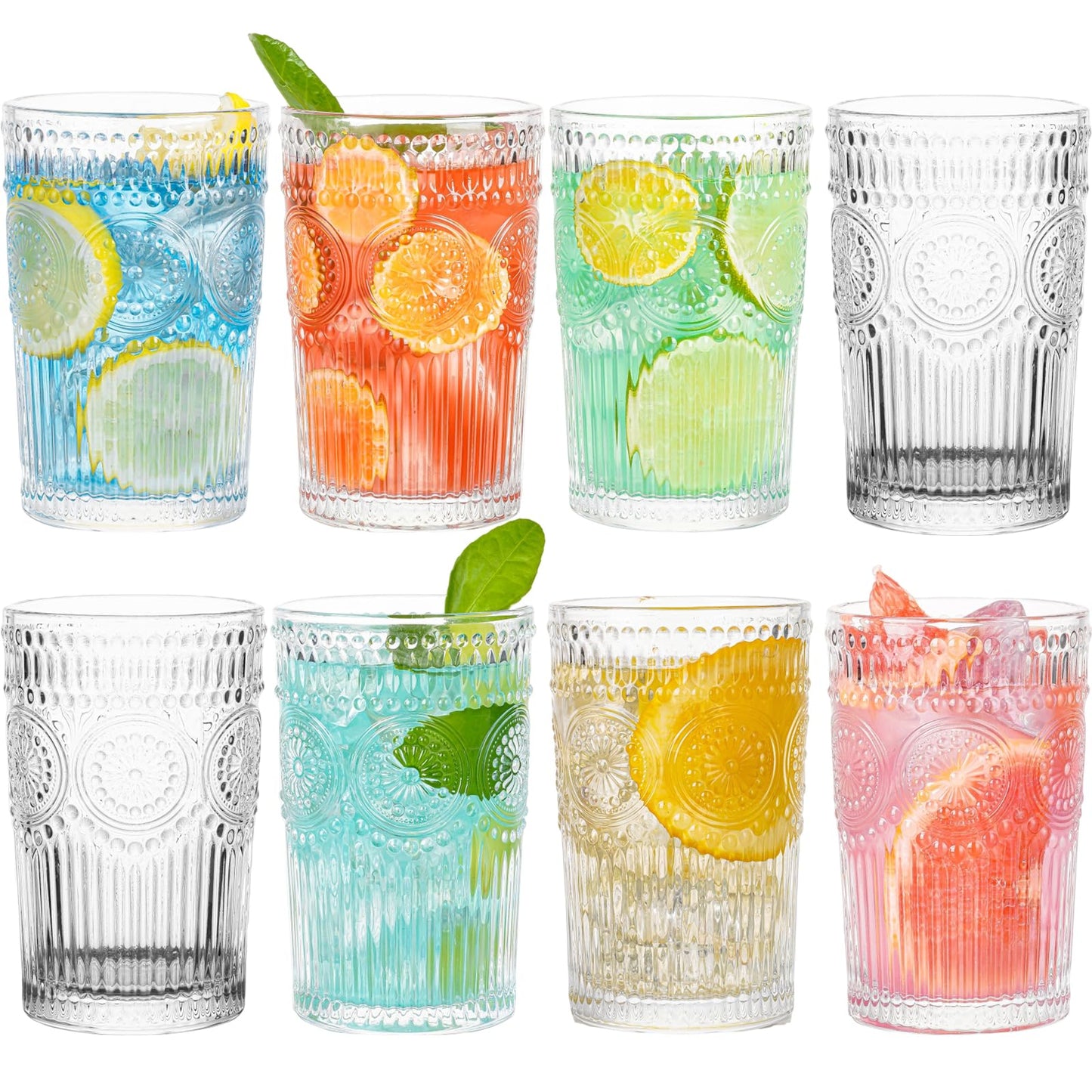 Claplante Vintage Highball Glasses, Set of 8 Glass Drinking Glasses, 13.5 oz Durable Drinkware Cups for Cocktails, Water, Juice, Beer, Wine-Special Edition Glassware Set, Dishware, Dishwasher Safe