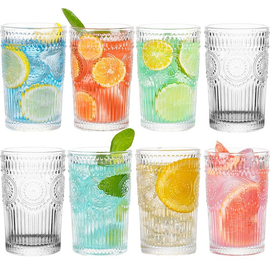 Claplante Vintage Highball Glasses, Set of 8 Glass Drinking Glasses, 13.5 oz Durable Drinkware Cups for Cocktails, Water, Juice, Beer, Wine-Special Edition Glassware Set, Dishware, Dishwasher Safe