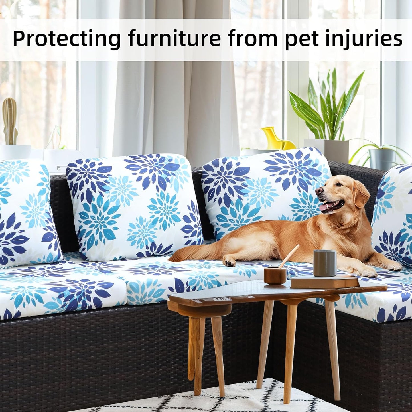 Skiennix 8-Piece Stretch Patio Cushion Covers - Washable Outdoor Sofa Slipcovers in Blue Flower Design