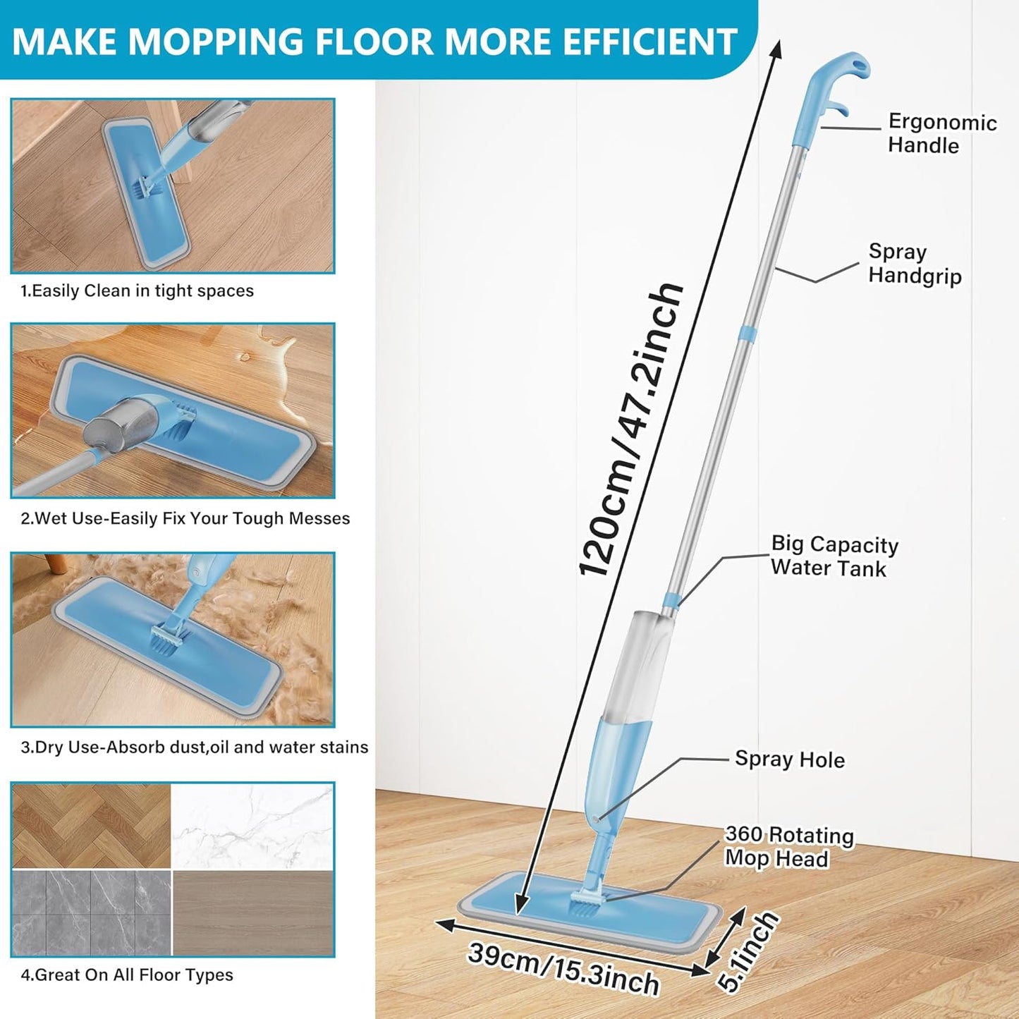 MEXERRIS Floor Mop - Spray Wet Mop for Hardwood Cleaning | 3 Washable Pads for Versatile Use