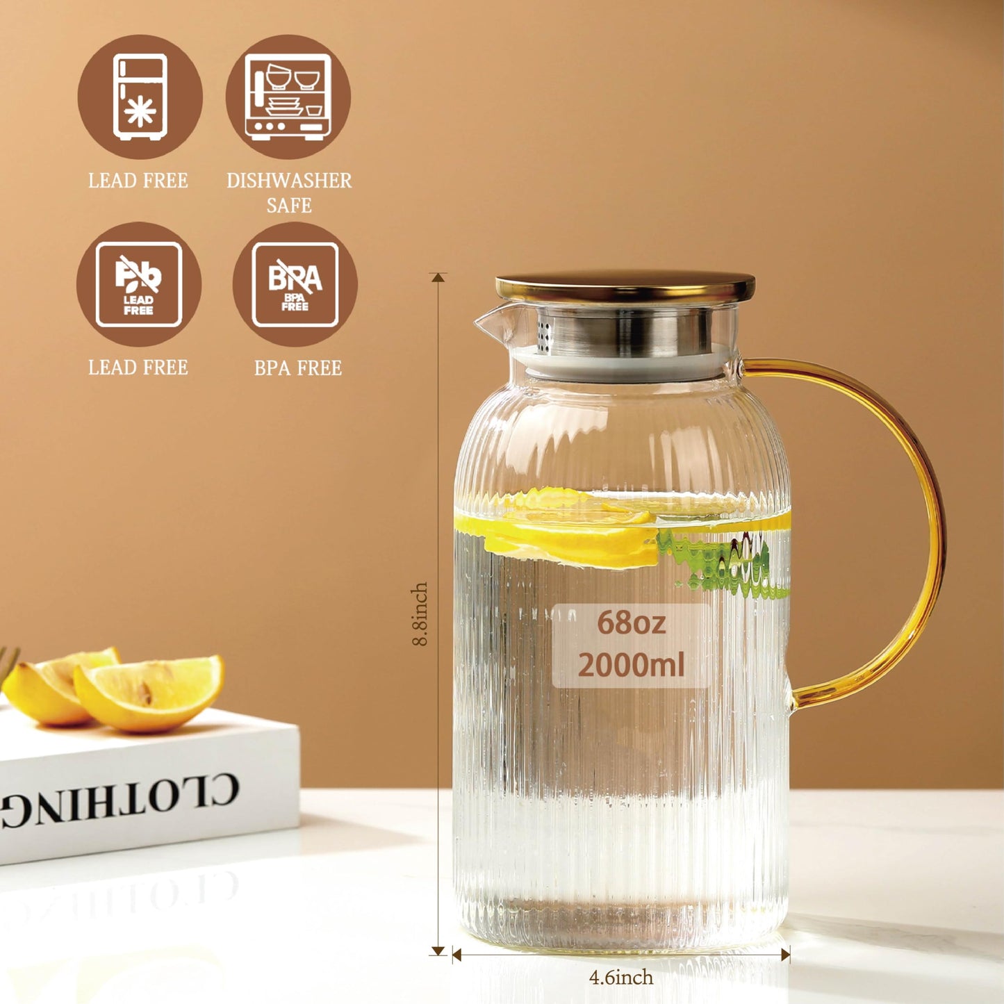 2 PACK Glass Pitcher with Lid and Handle,68 oz/ 2 Liter Vertical Stripes Water Pitcher,Glass Water Carafe for Fridge,Hand Blown Heat Resistant Borosilicate Water Jug for Hot/Cold Drinks