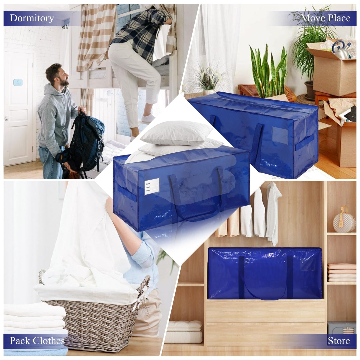 6 Pack Heavy Duty Extra Large Moving Bags with Handles, Waterproof Foldable Storage Totes, Clothing Storage Bags, Packing Moving Boxes for College Supplies & Seasonal Storage, Blue