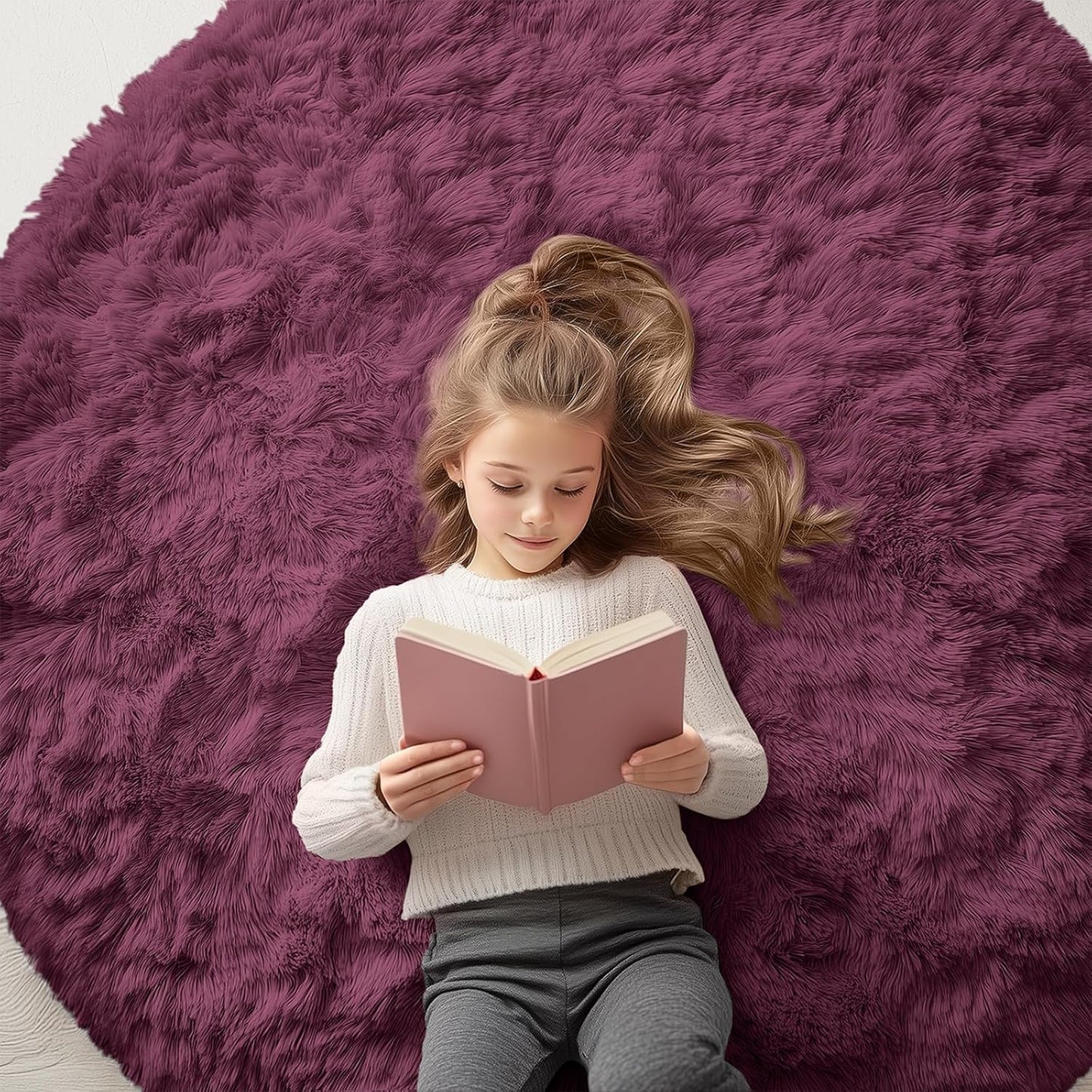 OLANLY Round Burgundy Area Rug - Soft, Fluffy, Machine Washable 5 ft Circle Carpet for Bedroom & Living Room