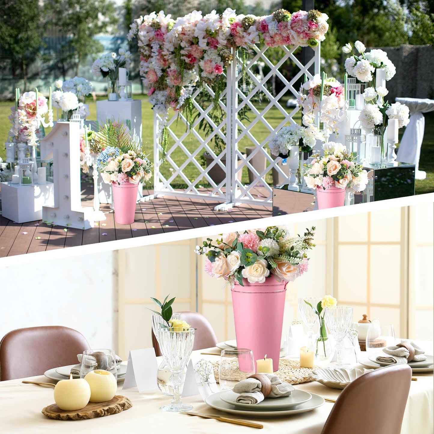 Irenare 12 Inch Vintage Galvanized Flower Bucket Metal Flower Vase Farmhouse French Bucket Planter Metal Floral Container for Party Table Centerpiece Weddings Home(Pink,6 Pcs)