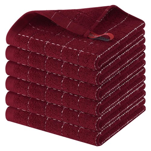 Homaxy 100% Cotton Terry Kitchen Towels(Burgundy Red, 13 x 28 inches), Checkered Designed, Soft and Super Absorbent Dish Towels, 8 Pack