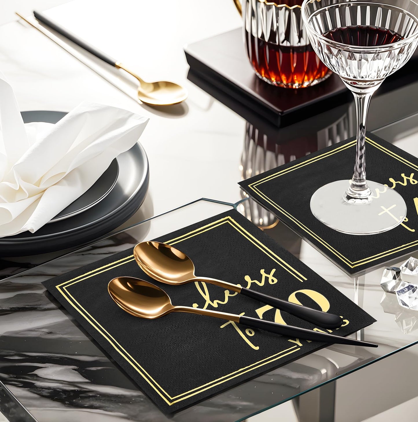 Ottin Black Cheers to 70 Years Cocktail Napkins, 5x5 Inches, 50 Counts, 3-Ply Disposable Party Napkins for 70th Birthdays Decorations, Anniversaries, Weddings, Indoor & Outdoor Celebrations, Gold Foil