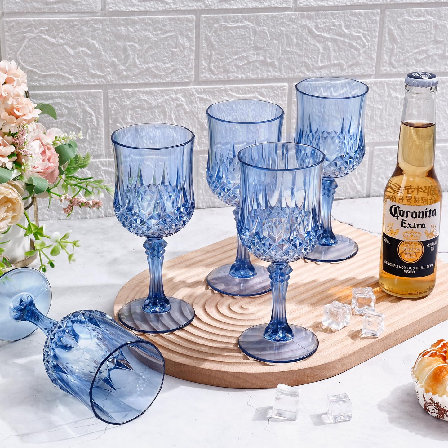 Dualshine 12 Pcs Blue Plastic Wine Glasses, Blue Transparent Plastic Goblets for Wedding Reception, Drinking Glasses for Parties, Valentine's Day, Birthdays
