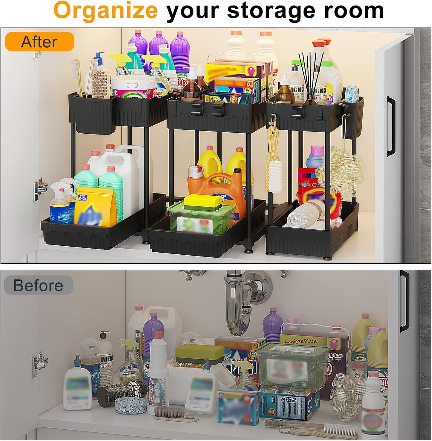 Sevenblue 3-Pack Under Sink Organizers - 2-Tier Kitchen & Bathroom Storage with Sliding Drawers | Black, 14.8 Inch