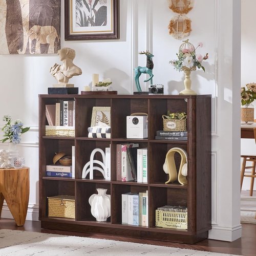 Joaxswe 12 Cube Storage Organizer - 41" Large Bookshelf with Curved Edges | Vintage Wood Bookcase in Walnut