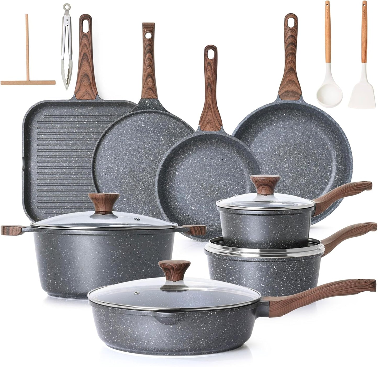 SENSARTE Nonstick Granite Cookware Set - 23 PCS Healthy Pots & Pans | PFOA & PFOS Free, Gray