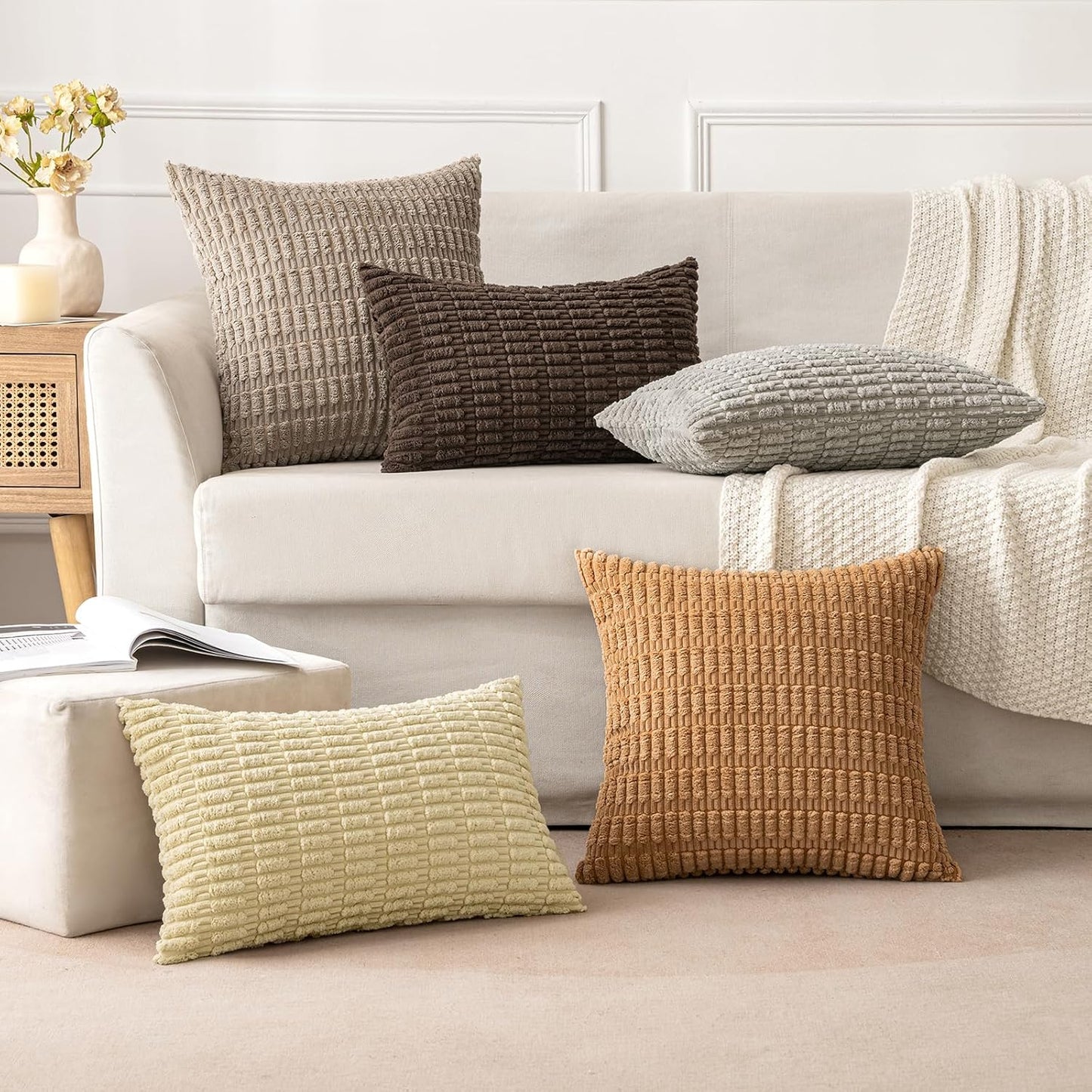 MIULEE Corduroy Throw Pillow Covers - Soft Boho Striped Design | 16x16 Inch for Modern Farmhouse Decor