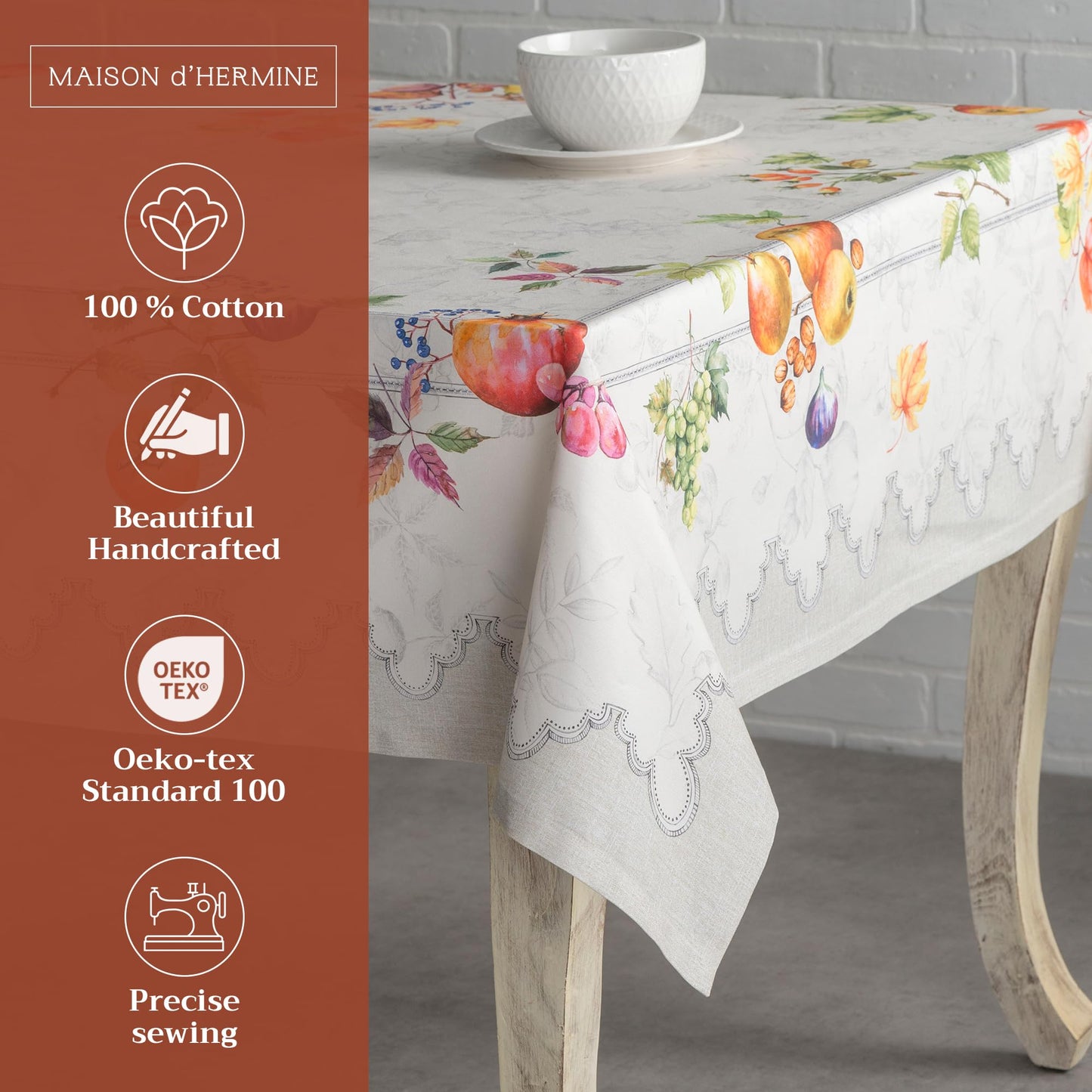 Maison d' Hermine Table Cloth Rectangle Table 100% Cotton 54 x 72 Inches Fall Tablecloth Reusable Everyday Use for Thanksgiving Christmas Decorations Dining Farmhouse Party (Fruit D'Hiver)