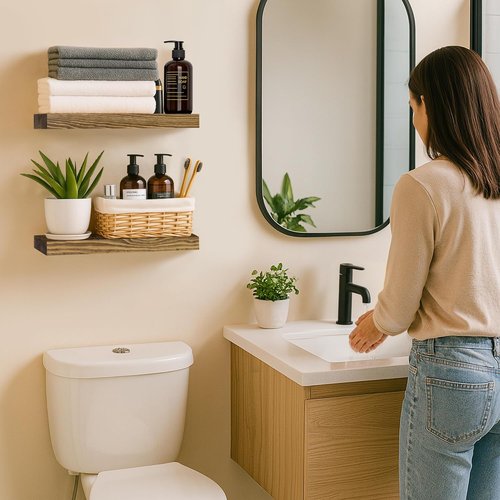 BGMG Floating Wood Shelves - Rustic Wall-Mounted Set of 2 for Bathroom, Living Room, Kitchen | 12x6.7x1.25 Inch - Walnut Color