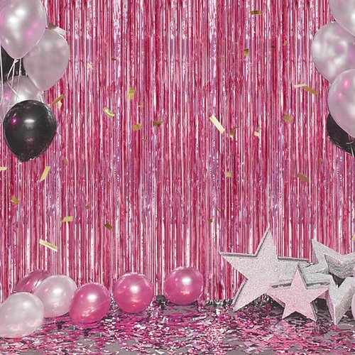 DECOCKRAT 3 Pack Foil Fringe Backdrop - Laser Pink Shiny Tinsel Curtains for Party Decoration/Photo Booth Props - 3.3x8.2 FT Metallic Foil Backdrop for Birthday, Wedding, Graduation, Christmas.