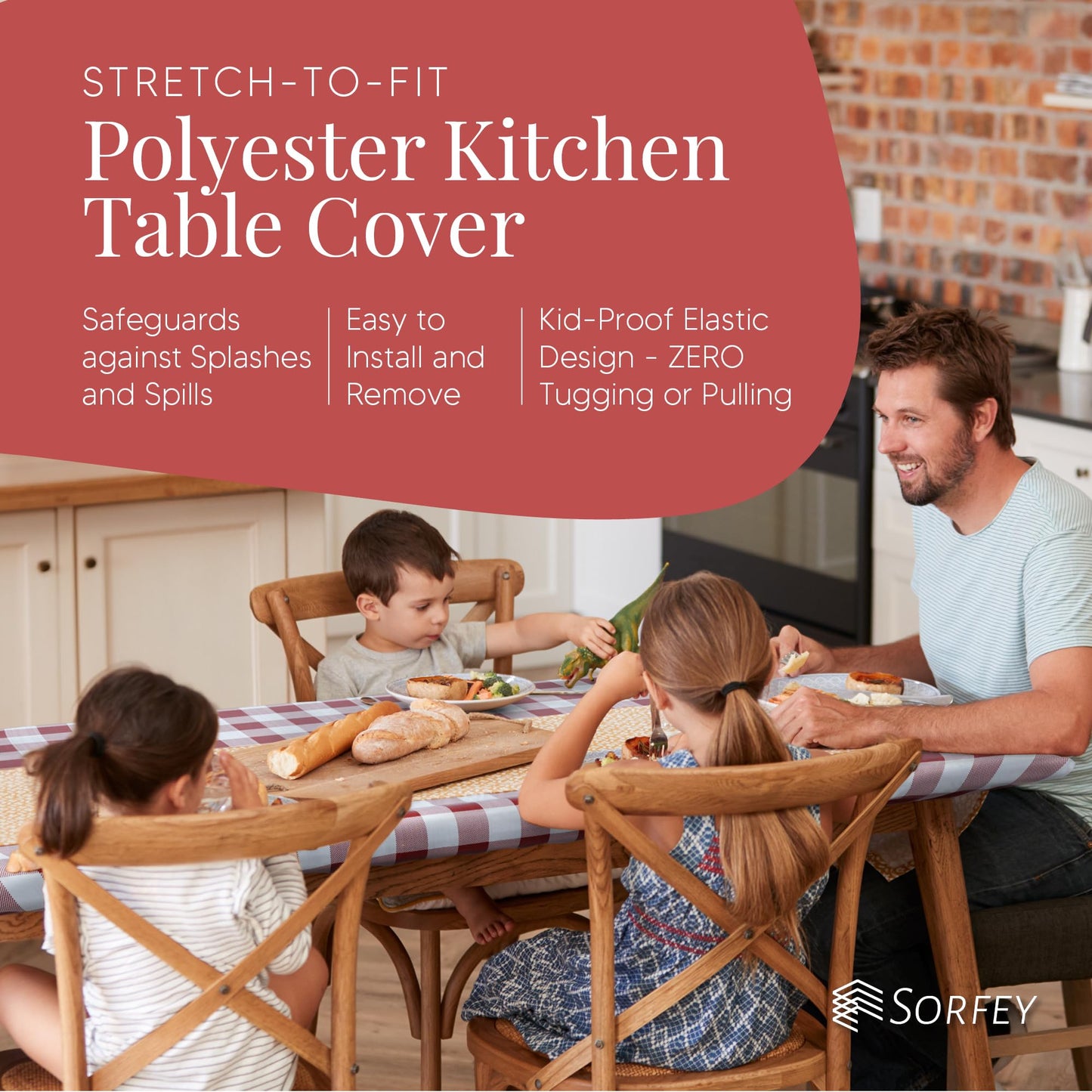 Sorfey Round Tablecloth of Polyester -Fitted with Elastic, Water Proof, Washable, Fits for Table 48 Inches Round, Checked Black Design, for Indoor/Outdoor Kitchen and Picnic and More...