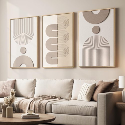 Boho Wall Art by Large 3D Textured | Modern Abstract 3-Piece Set for Living Room - Beige & White 24x36 In