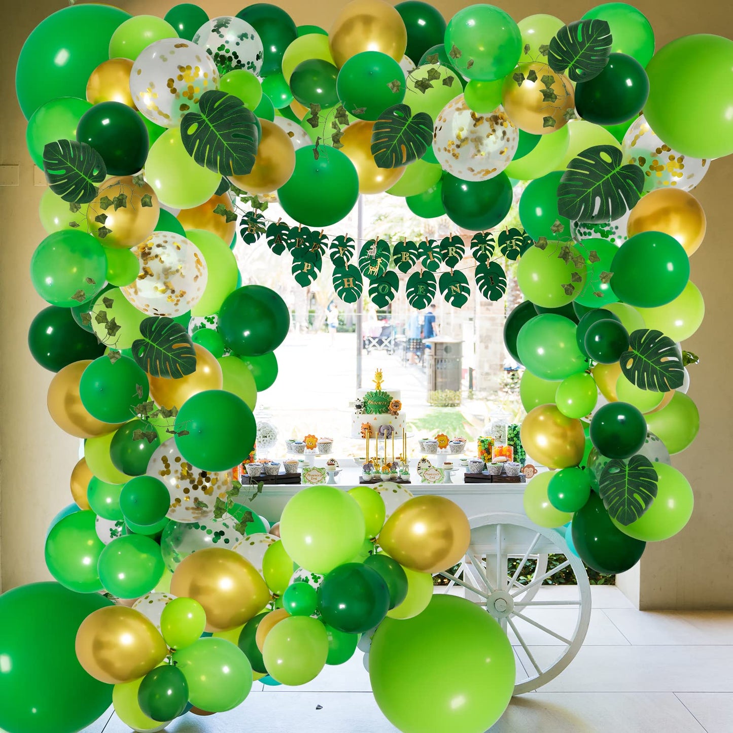 RUBFAC 159pcs Jungle Balloon Garland Arch Kit, Gold Lime Green Balloons Decoration with Artificial Turtle Leafs for Wild One Birthday Party, Safari Tropical Theme Baby Shower Supply