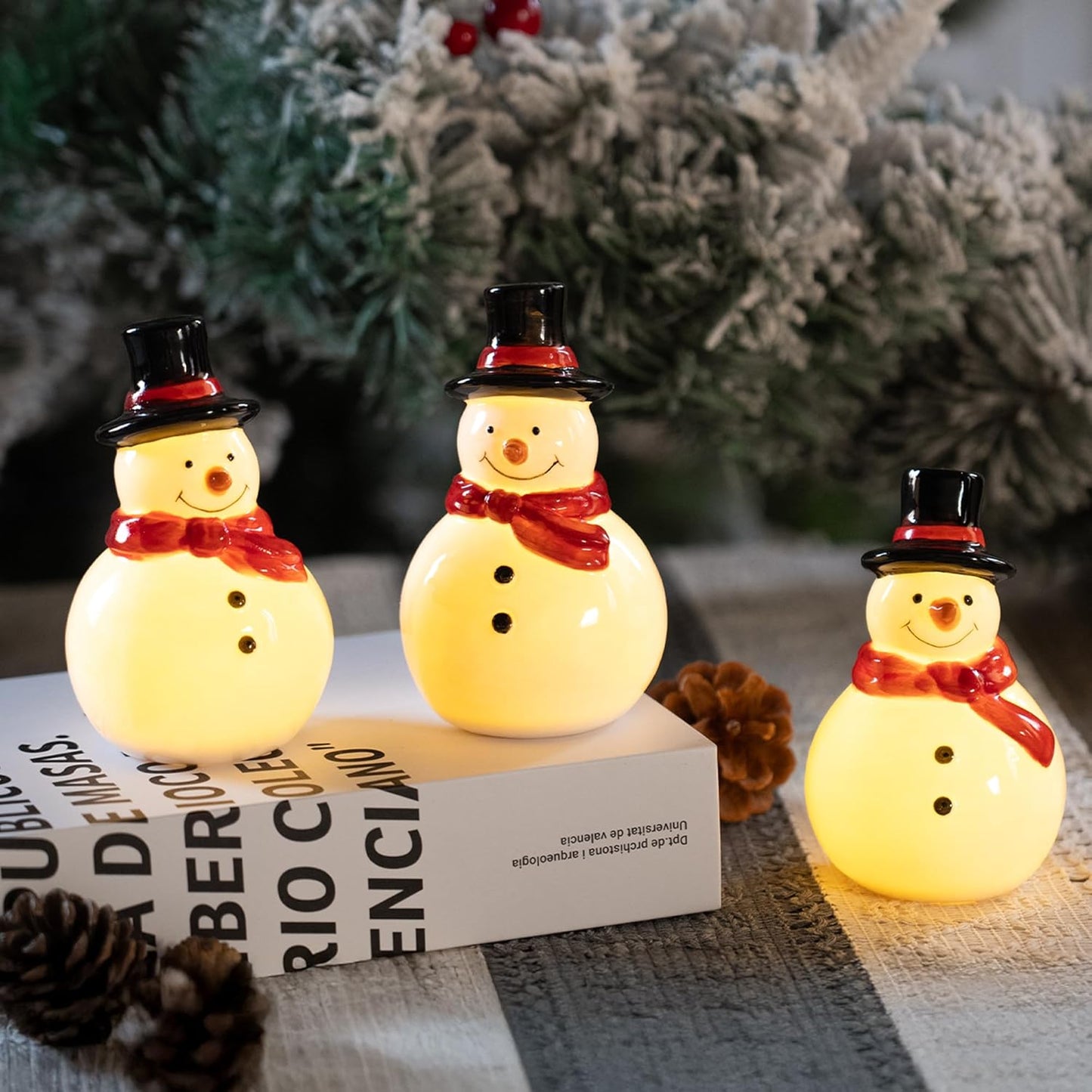 Nerosun Christmas Snowman Figurines - 3 Pack Cute LED Lighted Tabletop Decorations for Winter Decor