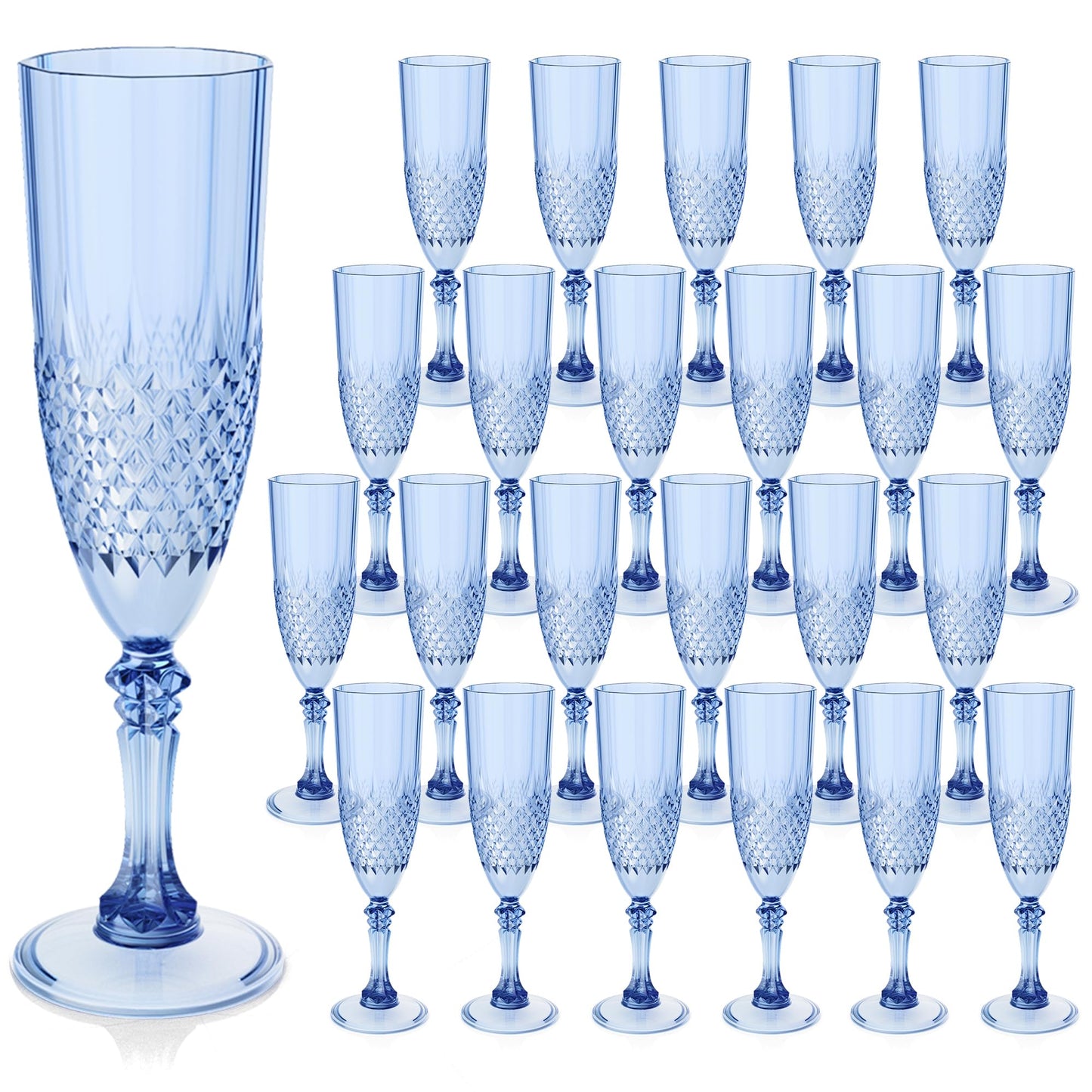 LEYIQU Plastic Champagne Flutes, Champagne Glasses Bulk, Reusable Unbreakable Acrylic Wine Glasses Goblets for Weddings Bachelor Parties Toasting Bridal Shower (24, Blue)