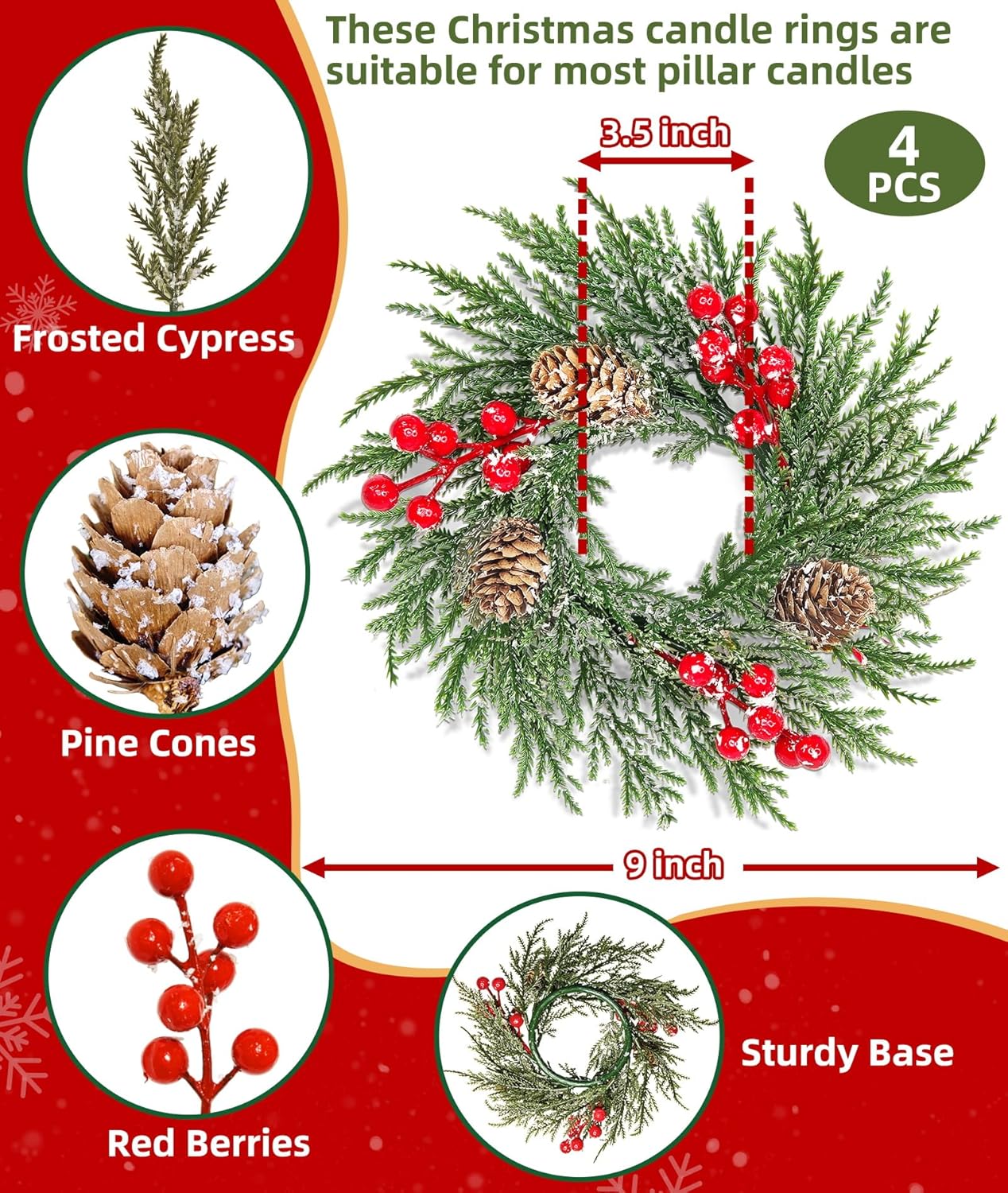 Skiennix Mini Christmas Wreath Candle Rings - 4 Pack Snowy Cypress Decor | 9"x3.5" with 20 Branches, 21 Red Berries & 3 Pinecones