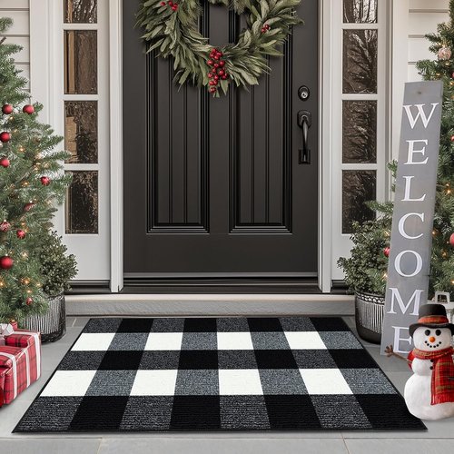 Buffalo Plaid Outdoor Rug - Non-Slip Absorbent Entryway Mat | 20"x32" Black and White Checkered Design
