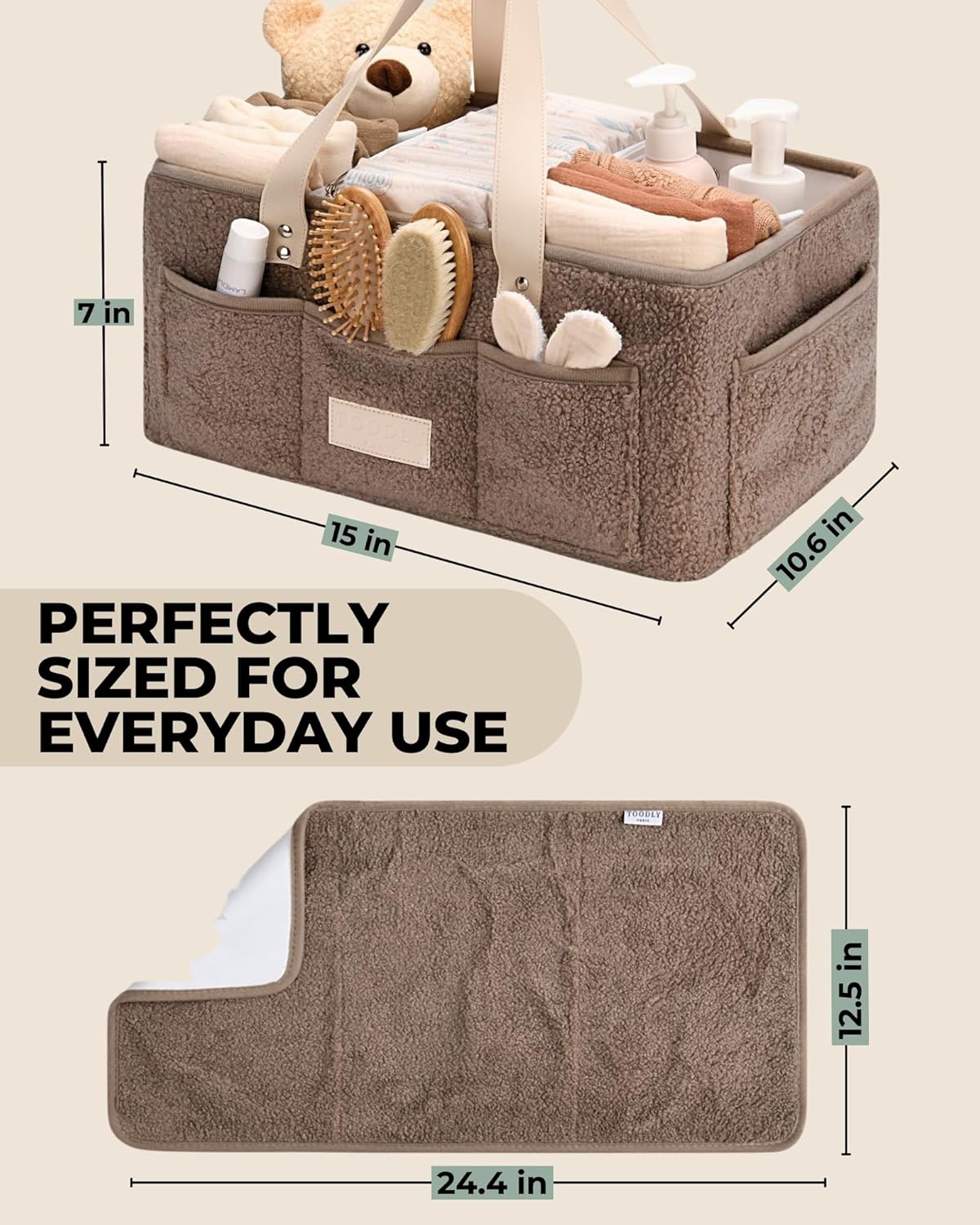 Skiennix Baby Diaper Caddy Organizer - Portable Changing Mat & Removable Dividers - Teddy Fleece Design