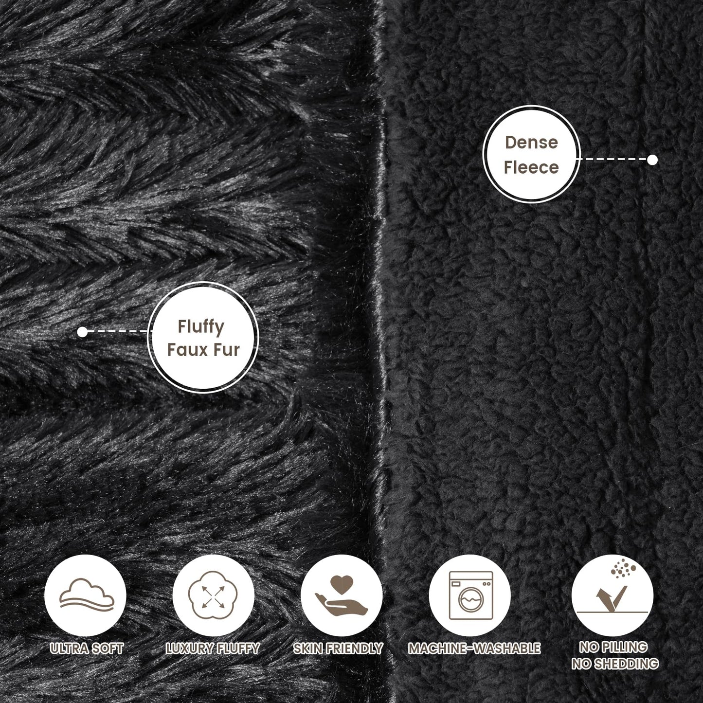 PHF Luxury Fuzzy Faux Fur King Comfy Plush Thick Fluffy Blanket, Warm Soft Shaggy, Elegant Furry Throw for Home Decor, Bed, Couch, Chair, Sofa, Black, 108" x 90"