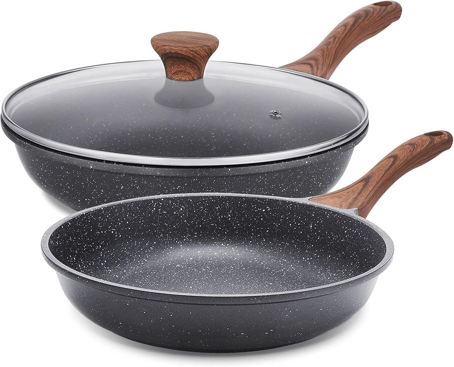 SENSARTE Nonstick Frying Pan Set - Swiss Granite Coating Omelette Pans | Healthy Cookware (8 & 11 Inch with Lid)