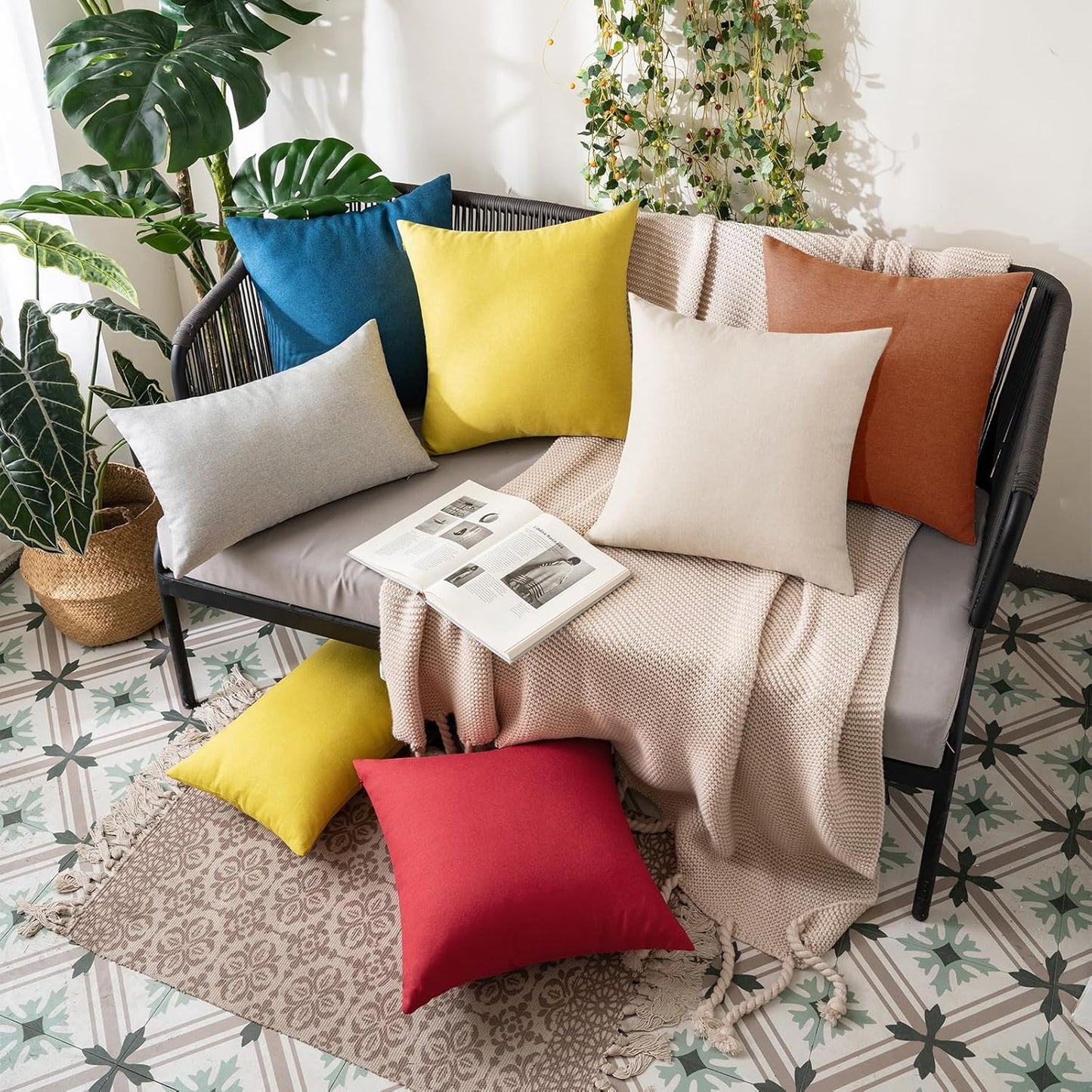 MIULEE Decorative Outdoor Throw Pillow Covers - Waterproof Faux Linen Cushion Cases | 12x12 Inch Rust (Pack of 2)